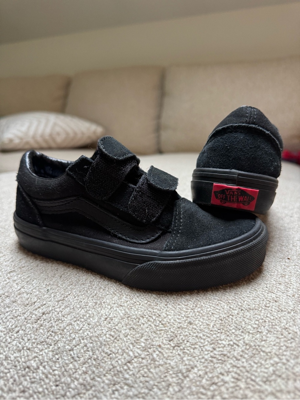 Vans Kids Black Velcro Old Skool Sneakers with Red Heel Tab